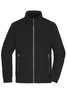 A black Sherpa jacket with a zip front and side pockets, featuring a high collar and a logo on the chest.