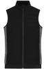 A black ladies padded hybrid vest with grey side panels and a high collar, featuring a front zip and no sleeves.