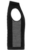 A padded hybrid vest in black with a grey textured side panel and a sleeveless design, featuring a logo.
