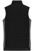 A black padded hybrid vest with a grey side panel, featuring a collar and no sleeves. Includes a logo.