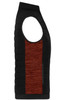 A padded hybrid vest featuring a black body with a red-striped front panel and a sleek sleeveless design.