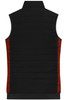A black and red ladies padded hybrid vest with a sleeveless design and a logo.