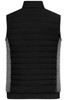 A men's padded hybrid vest in black with grey side panels and a logo. Suitable for layering and casual wear.