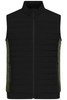 A men's padded hybrid vest in black with green side panels and a zip-up front, featuring pockets and a logo.