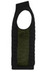 A black and olive green men's padded hybrid vest with a sleeveless design and a logo.