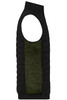 A men's padded hybrid vest in black with a textured green panel, featuring a round armhole and a logo.