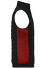 A men's padded hybrid vest featuring a black design with a red central panel and an open armhole style.