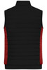A padded hybrid vest featuring a black front and red side panels, with a high collar and branded logo.