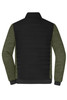 A padded hybrid jacket in black and olive green, featuring a zip-up front and contrasting fabric textures.