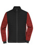 A padded hybrid jacket featuring black and red panels with a zip front and side pockets, also includes a logo.