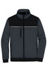 A Hybrid Workwear Jacket in grey and black, featuring a high collar and multiple zip pockets. It has a logo.