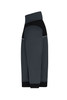 A side view of a hybrid workwear jacket featuring dark grey and black colours, with a logo displayed.