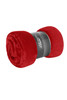 A rolled red microfibre fleece blanket XL with a black band featuring a logo.