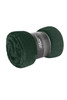 A rolled dark green microfibre fleece blanket, featuring a black branding label.