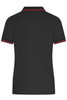 A black polo shirt with red detailing, featuring a collar and short sleeves. It has a logo on the front.