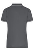 A grey ladies' polo shirt featuring a collar and striped detailing, with a logo displayed on the back.