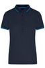 A navy polo shirt with a collar and blue striped detailing, featuring buttons and a logo.