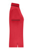 A red polo shirt with short sleeves, featuring a collar and a logo.