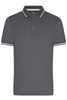 A grey polo shirt with white striped detailing on the collar and sleeves, featuring a logo.
