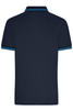 A navy blue men's polo shirt with contrasting stripes on the collar and sleeves. Features a logo on the chest.