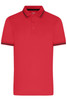 A red polo shirt featuring a collar with contrasting stripes and a logo on the chest.
