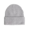 A grey waffle knit beanie with a folded cuff and textured pattern, featuring a small logo.