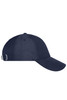 A navy blue six-panel cap with a curved brim and adjustable strap at the back, featuring a logo.
