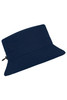 A navy blue fisherman hat with a wide brim and adjustable drawstring, featuring a logo.