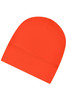 An orange running beanie with a smooth finish and a seam along the bottom, featuring a subtle logo.
