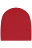A red running beanie featuring a seamless design and a logo on the side.