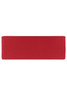 A red running headband with a simple design and a logo on one side.