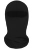 A black balaclava featuring an opening for the eyes and mouth, made from a smooth, stretchy fabric.