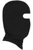 A black balaclava featuring a face opening, made from soft fabric with a snug fit. It includes a logo.
