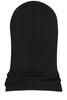 A black balaclava with a seamless design, featuring a snug fit and smooth fabric. It has a logo on one side.
