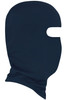 A navy balaclava with a single eye opening and a neck covering, featuring a logo.
