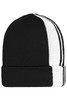 A black and white striped winter beanie with a folded cuff and a simple design. It features a logo on one side.