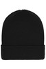 A black winter beanie with a folded cuff, featuring a simple knit design.