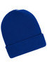 A blue winter beanie with a fold-up cuff and a smooth texture, featuring a logo on the side.