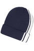 A navy blue winter beanie with white stripes, featuring a cuffed design and a logo on it.