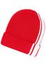 A red winter beanie with white stripes. It features a snug fit and a comfortable knitted design.