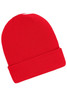 A red winter beanie with a rolled cuff, featuring a logo on the side.