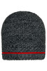 A coarse knitted beanie in dark grey with a red band at the bottom. It features a textured knit design.