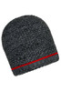A coarse knitted beanie in grey featuring a red stripe at the bottom. It has a textured fabric and a snug fit.