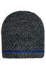A coarse knitted beanie in shades of grey with a blue band around the bottom and a logo on the side.