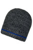 A coarse knitted beanie in dark grey with a blue stripe, featuring a textured design and a logo.