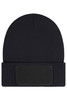 A black beanie with a patch area, featuring a snug fit and made with Thinsulate material.