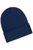 A navy blue beanie with a folded cuff and a patch on the front, made with Thinsulate material.