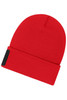 A red beanie featuring a black patch and made with Thinsulate material.