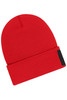 A red beanie featuring a black patch, made with Thinsulate material for warmth.