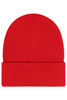 A red beanie with a folded cuff, featuring a patch and made with Thinsulate material.